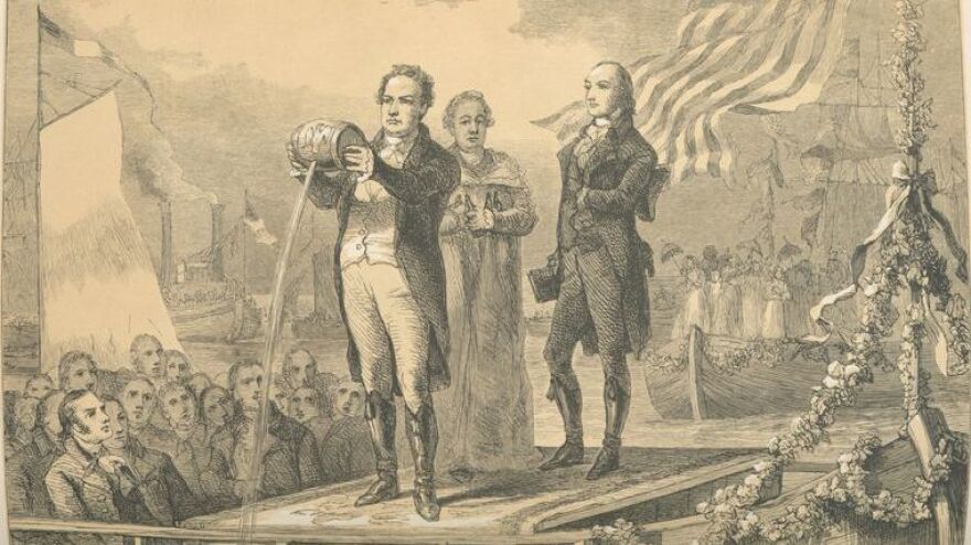 DeWitt Clinton pours water from Lake Erie into the Atlantic Ocean after completion of the Erie Canal. [Philip Meeder (1826) / New York Public Library]
