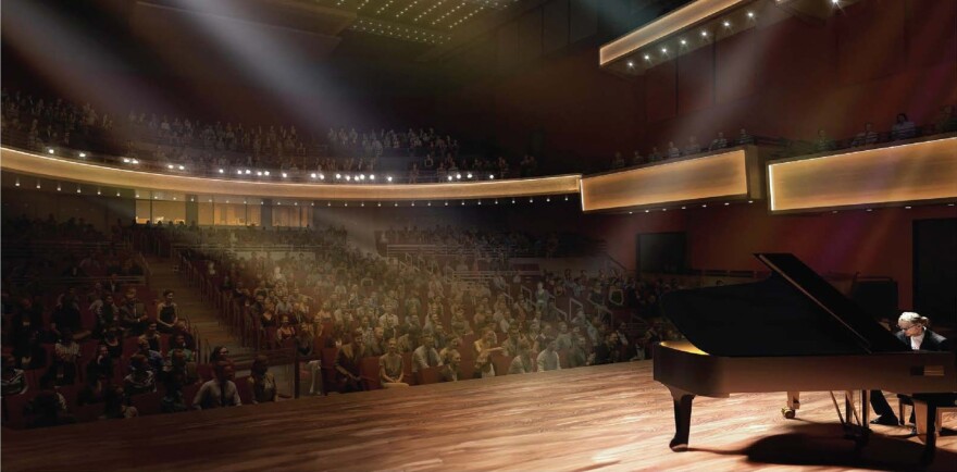 A rendering of the interior of the new $119-million, 875-seat Goldfarb Center for Performing Arts at Western Illinois University, Macomb.