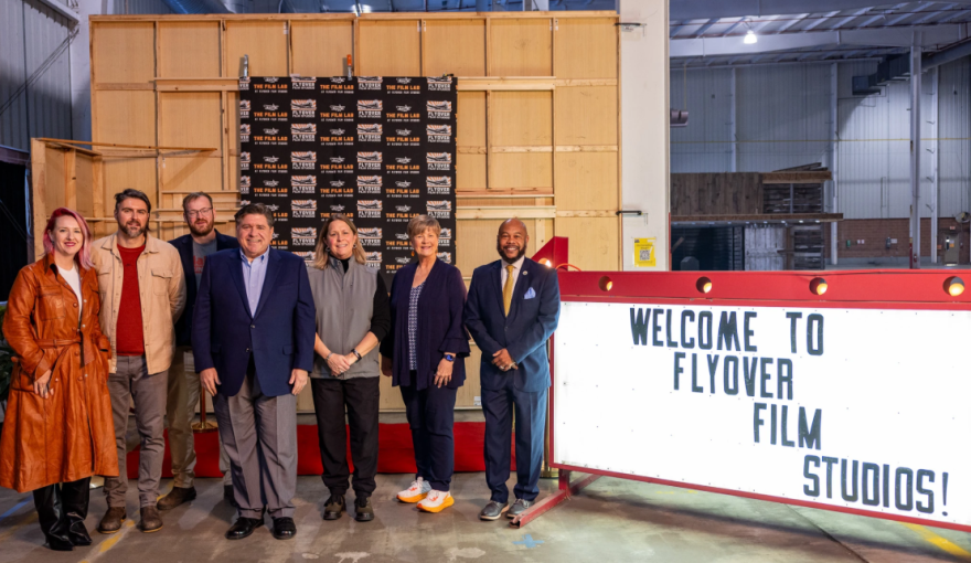 Illinois Gov. JB Pritzker (center) visited the new Flyover Film Studios in Rantoul, Ill., near Champaign-Urbana, this past spring.