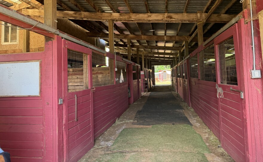 Empty horse stables at Bit By Bit, May 8, 2026.