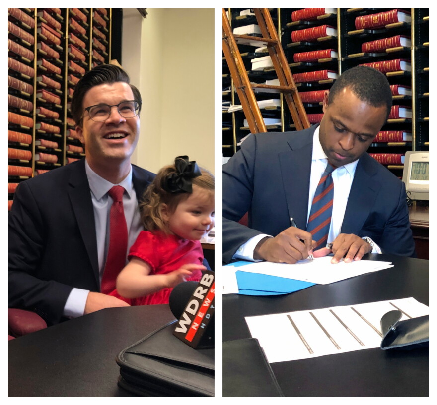 Kentucky Senator Wil Shroder (left) and Daniel Cameron (right), a former legal counsel to Senator Mitch McConnell, file paperwork to run for attorney general. 
