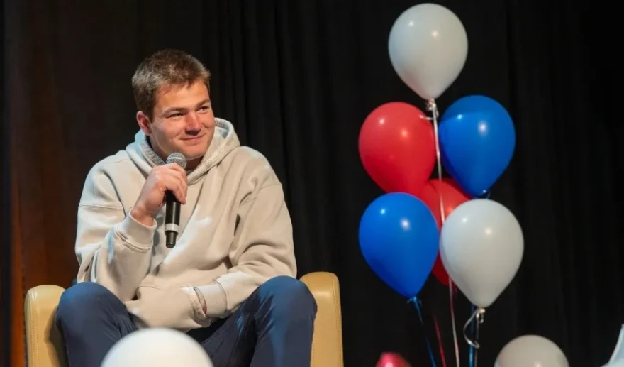 Drake Maye fielding questions at Bryant University on Nov. 4.