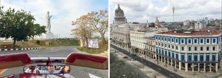 (Left) The approach to the Christ of Havana sculpture; (right) light clouds hang over El Capitolio, the Cuban National Capital, on Monday in Havana.