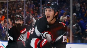 Buffalo Sabres center Peyton Krebs (19) celebrates his goal during the first period of an NHL hockey game against the Columbus Blue Jackets Thursday, April 9, 2026, in Buffalo, N.Y. (AP Photo/Jeffrey T. Barnes)