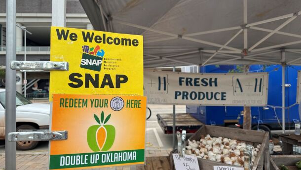A Supplemental Nutrition Assistance Program, or SNAP, sign at the farmers market in Scissortail Park in Oklahoma City.