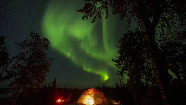 The northern lights, also known as the aurora borealis, are seen in the night sky near Yellowknife in Canada's Northwest Territories, early Wednesday, Aug. 20, 2025. (AP Photo/Mark Schiefelbein)