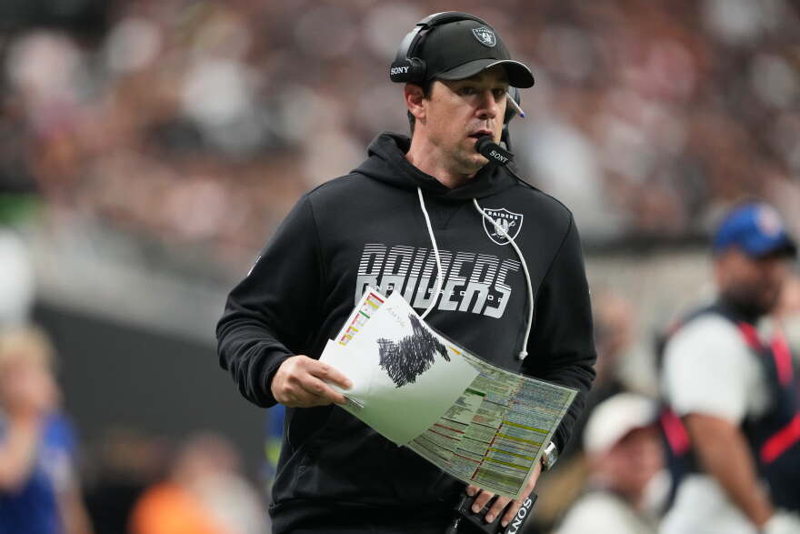 Las Vegas Raiders head coach Klint Kubiak watches during the second half of an NFL football game against the Kansas City Chiefs in Las Vegas, Sunday, Oct. 4, 2026. (AP Photo/Rick Scuteri)