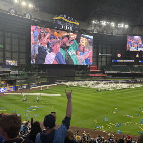 Milwaukee Brewers fans gather at American Family Field to watch the team sweep the Los Angeles Dodgers in Game 4 of baseball's National League Championship Series on Thursday, Oct. 15, 2026. 