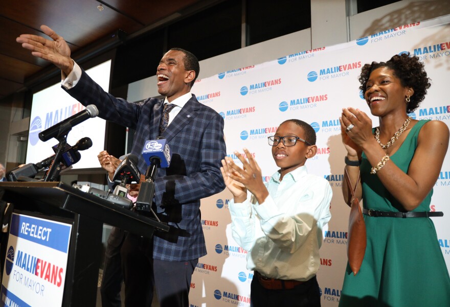 Rochester Mayor Malik Evans celebrates his primary victory on election night Tuesday, June 24, 2025, at the Strathallan Hotel in Rochester.