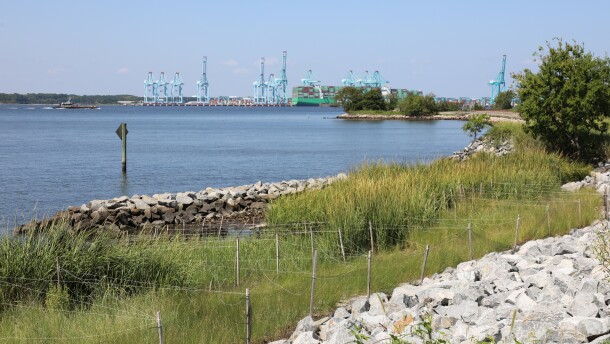 The newly completed living shoreline at Norfolk Southern's Lambert's Point coal terminal in Norfolk on Aug. 25, 2026.