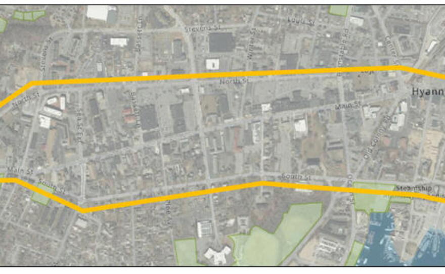 This map shows the outline of the project that aims to improve traffic flow and improve pedestrian movement and safety in Hyannis.