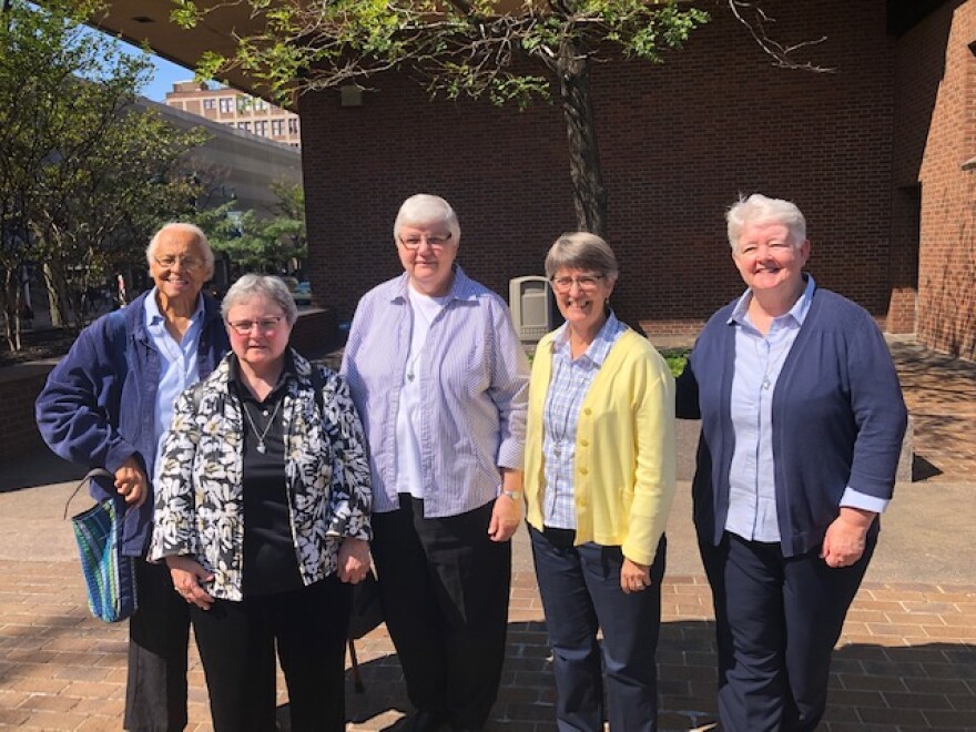 Sisters of the Adorers’ of the Blood of Christ outside the federal courthouse in Philadelphia. From left, Sr. Helene Trueitt, Sr. Sara Dwyer, Sr. Joan Hornick, Sr. Dani Brought, and Sr. Janet McCann.