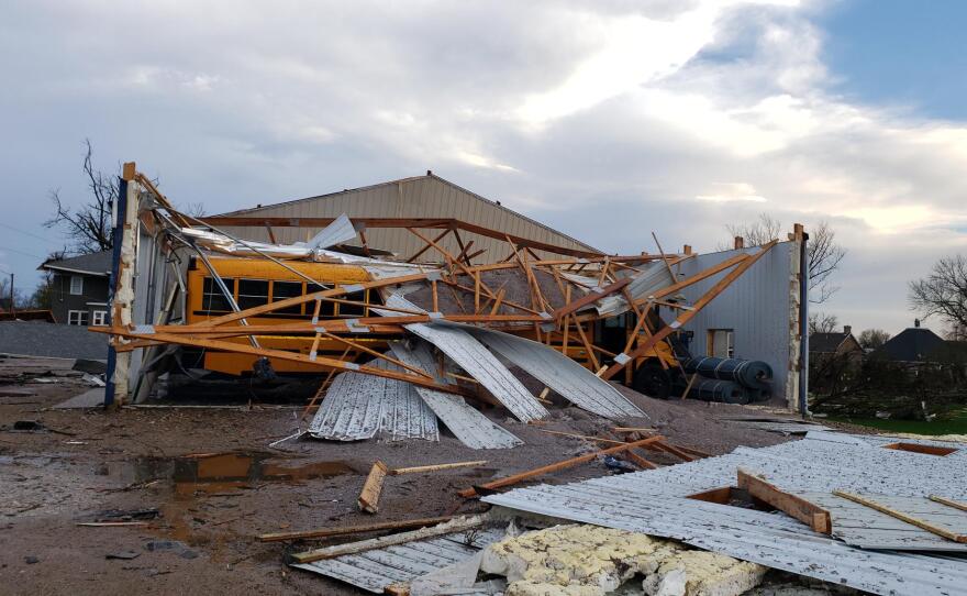 Damage to the Castlewood bus barn following the May 12, 2022 tornado