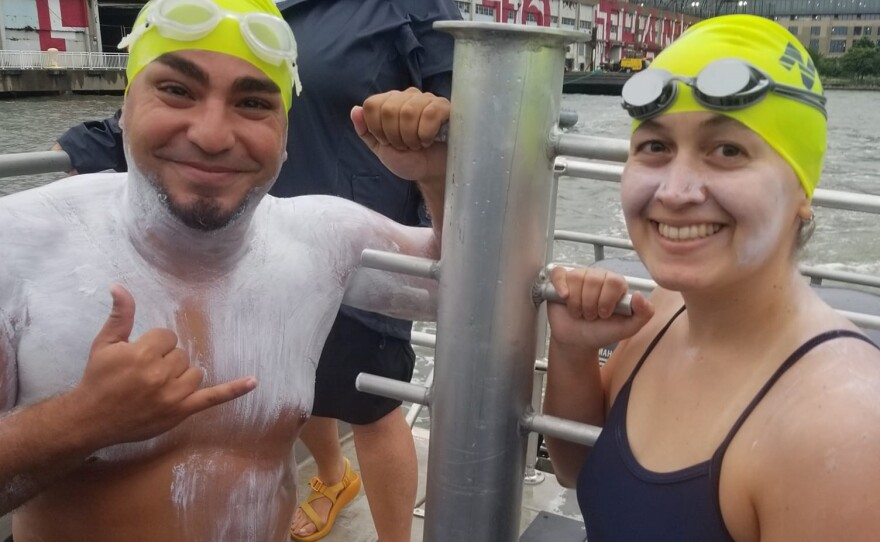 Liz Uribe wasn't alone when she swam around Manhattan. Joel, another swimmer, was also making his way around the island.