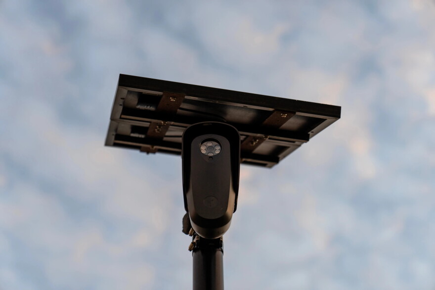 A Flock Safety license plate reader is seen along a public road, Thursday, Oct. 16, 2025, in Houston.
