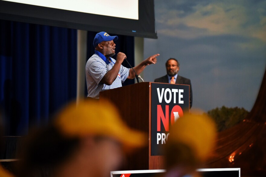 The Rev. Tommie Pierson Sr., co-chair of the St. Louis Workers' Rights Board and pastor at Greater St. Mark Family Church, tells opponents of Proposition A, "You're pitching a shutout!"