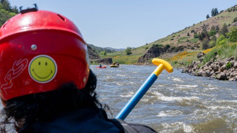 Rafter with red helmet floats on the Klamath River with blooming flowers and grass on the shores.