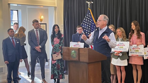 Braun speaking at press conference for TPUSA partnership