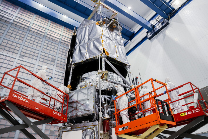 This photo provided by NASA shows technicians connecting the inner and outer segments of NASA's Nancy Grace Roman Space Telescope, Nov. 25, 2025, at NASA’s Goddard Space Flight Center in Greenbelt, Md.