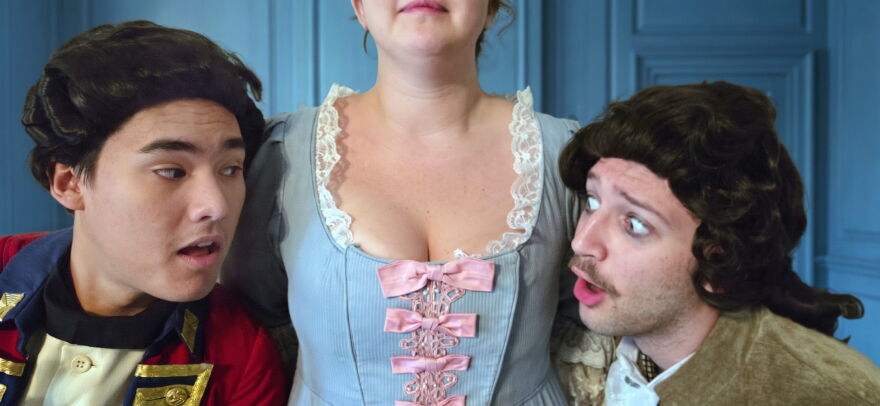 Ian Buttion is Captain Jack Absolute; Cooper Stone is Faulkland; Madelaine Weymouth - all of her - plays Julia Melville.