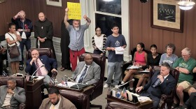 Observers listened from the rear of the New Bedford City Council chamber Tuesday as the council debated motions on the use of Flock surveillance cameras in the city.