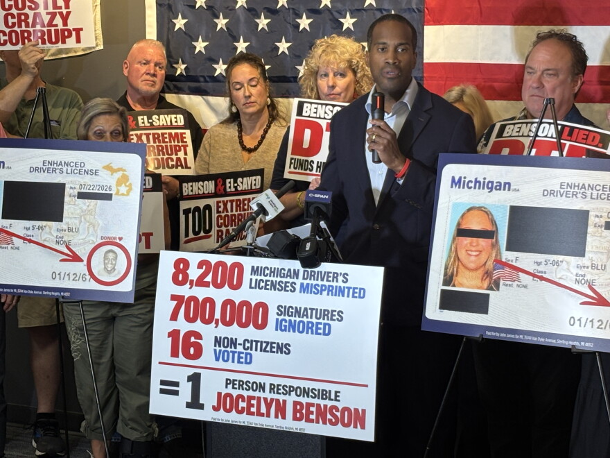 Republican John James slammed Democrat Jocelyn Benson’s running of the Michigan Secretary of State office.He cited hundreds of non-citizens turning up on state voter rolls and thousands of misprinted drivers’ licenses.