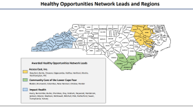 A map of North Carolina, showing regions covered by the Healthy Opportunities Pilot