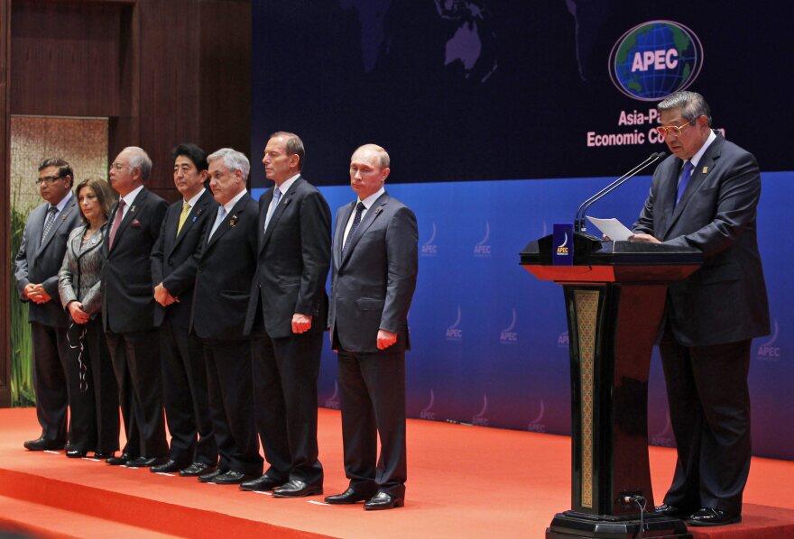 Indonesian President Susilo Bambang Yudhoyono speaks Tuesday at the Asia-Pacific Economic Cooperation summit on the Indonesian resort island of Bali. President Obama missed the meeting due to the budget impasse in Washington.