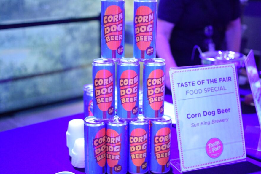 Corn Dog Beer, brewed with corn and smoked malt, on display during a Taste of the Fair preview at the Indiana State Fairgrounds in Indianapolis on Thursday, Aug. 6, 2026.