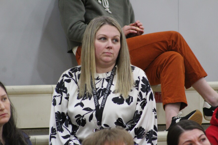 Sterling Elementary School Principal Elizabeth Kvamme attends a public meeting to address the proposed closure of her school due to budget cuts on Wednesday, Mar. 25, 2026 in Sterling, Alaska.