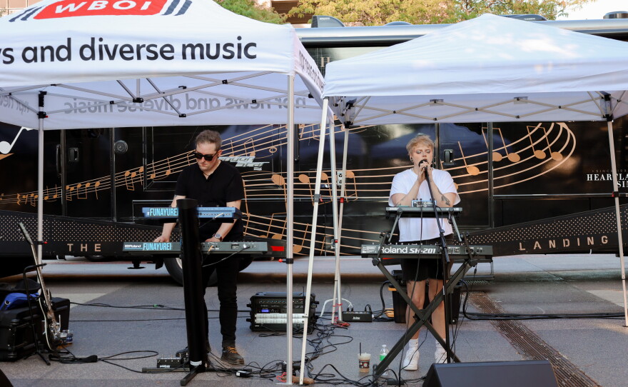 Local synthwave duo "Funayūrei" performs at Season two of WBOI Music Presents: Live and Local at the Landing.