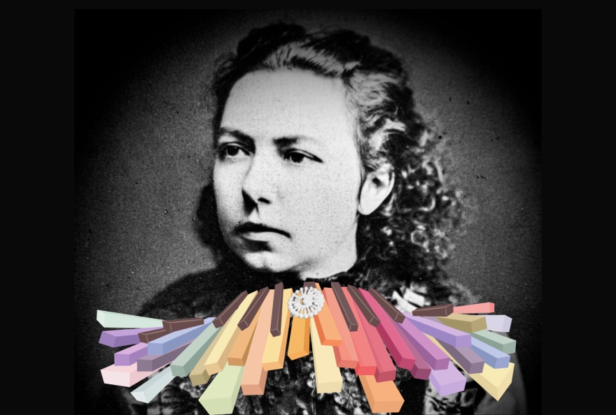 A photo of composer Agnes Tyrrell edited so that she is wearing a fancy, colorful piano ruff