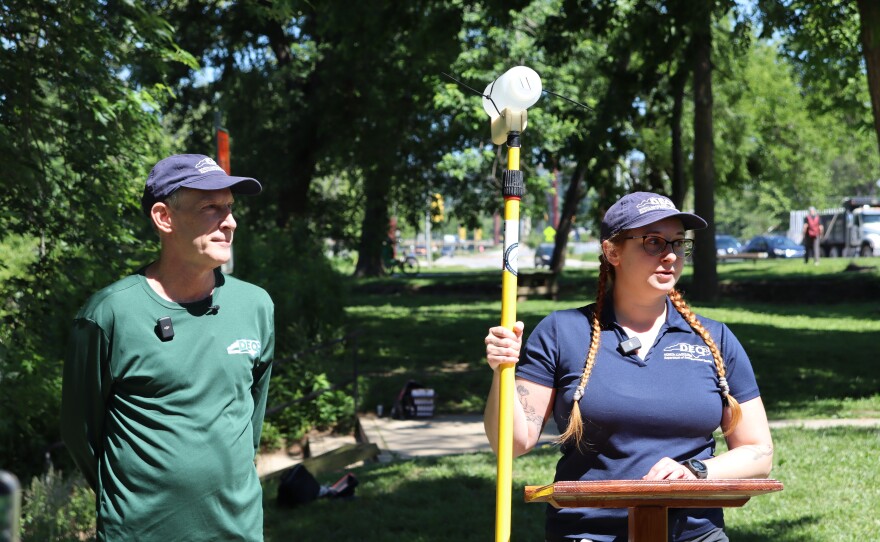 North Carolina Department of Environmental Quality Secretary, Reid Wilson, (Right) and Program coordinator for the western North Carolina recreational water quality monitoring program, Rachel Rose, (Left) announce the kickoff of the program on June 3, 2026.