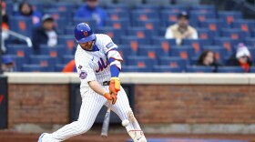 New York Mets' Pete Alonso hits a home run against the Detroit Tigers during the ninth inning in the second game of a baseball doubleheader, Thursday, April 4, 2024, in New York. (AP Photo/Noah K. Murray)