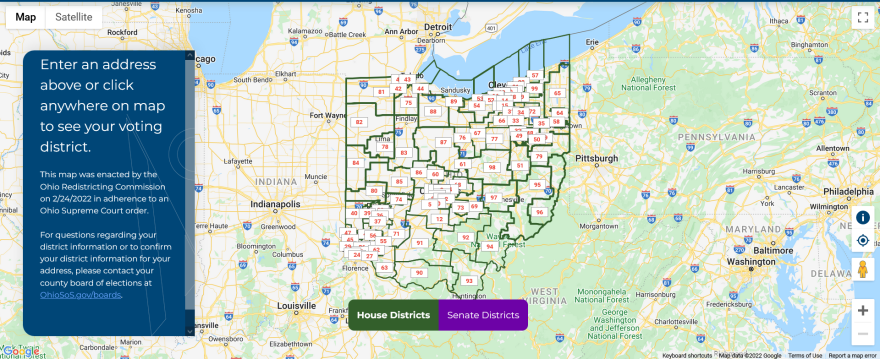 A screenshot of the "Find My District" feature on the Ohio Secretary of State's website. The districts are from maps that were approved by the Ohio Redistricting Commission on February 24, 2022, which still are being reviewed by the Ohio Supreme Court.