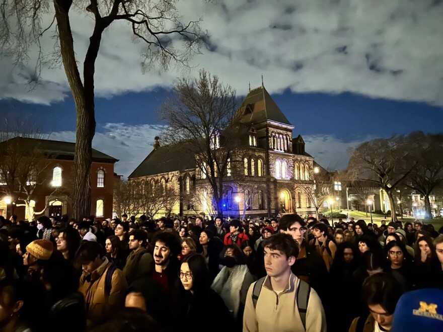 File photo. A group of Brown University students face University Hall at a pro-Palestinian protest in November 2023.