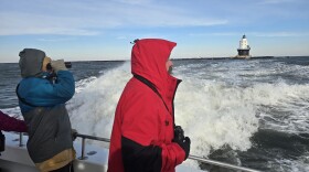 Birders going by boat to count along the breakwater at Lewes Harbor.