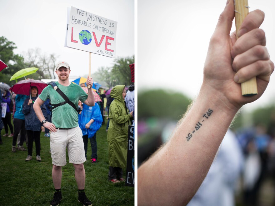 Brad Slocum researches forms of ceramics that allow for more efficient spacecraft. He says he's such a fan of one late 19th century scientist named Josiah Gibbs, that he tattooed Gibbs' free energy equation on his arm.