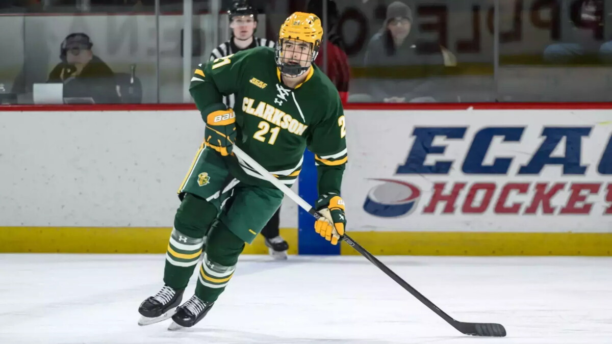 Matthew Mayich in his Clarkson University hockey uniform.