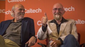 Barry Barish (left) and Kip Thorne address a press conference at the California Institute of Technology after receiving the 2017 Nobel Prize in Physics on Oct. 3, 2017, in Pasadena, Calif. Barish and Thorne were among seven Americans to win Nobel Prizes in science this year.
 (David McNew/Getty Images)