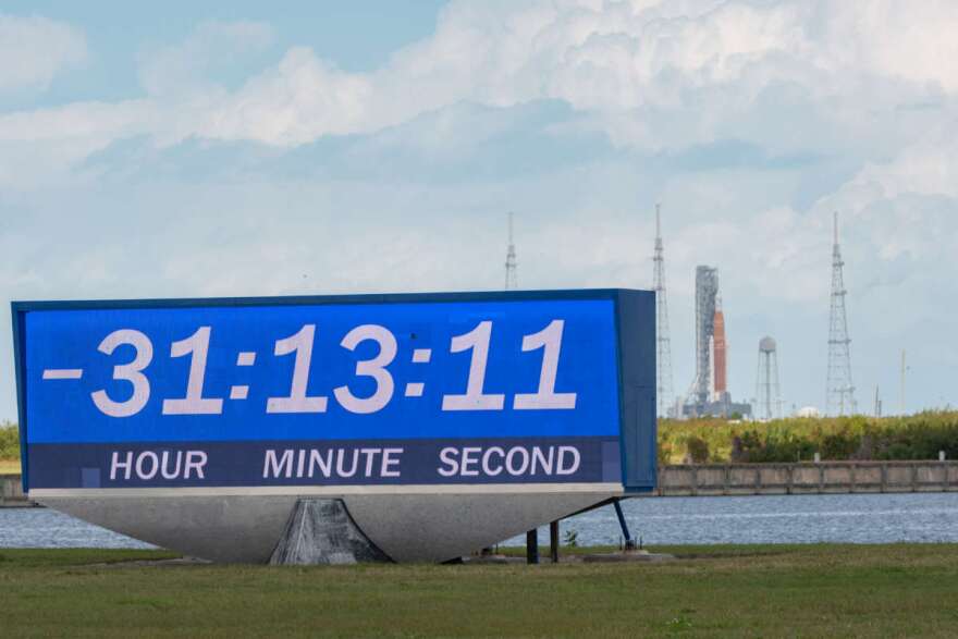 Artemis I stands ready for another launch attempt Wednesday morning from NASA's Kennedy Space Center. Photo: Brandon Moser, WMFE. 