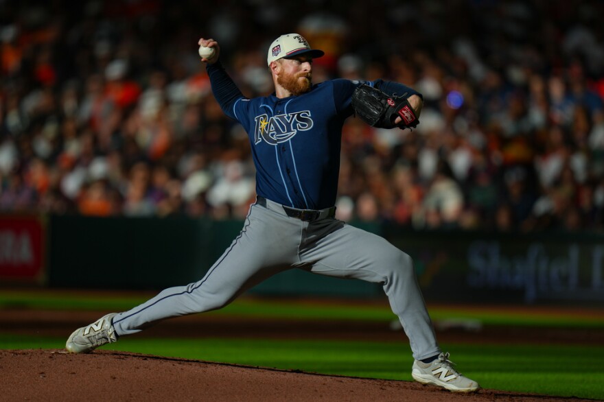 Tampa Bay starting pitcher Drew Rasmussen delivers during the second inning of a game at Houston on July 4, 2026. Rasmussen was one of four Rays selected for the American League All-Star team.
