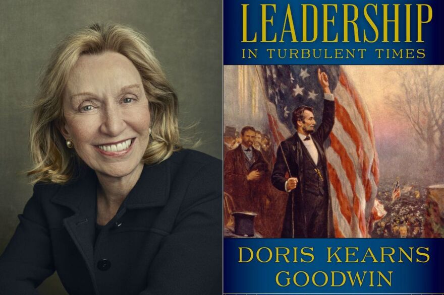 Doris Kearns Goodwin and book cover for "Leadership In Turbulent Times"