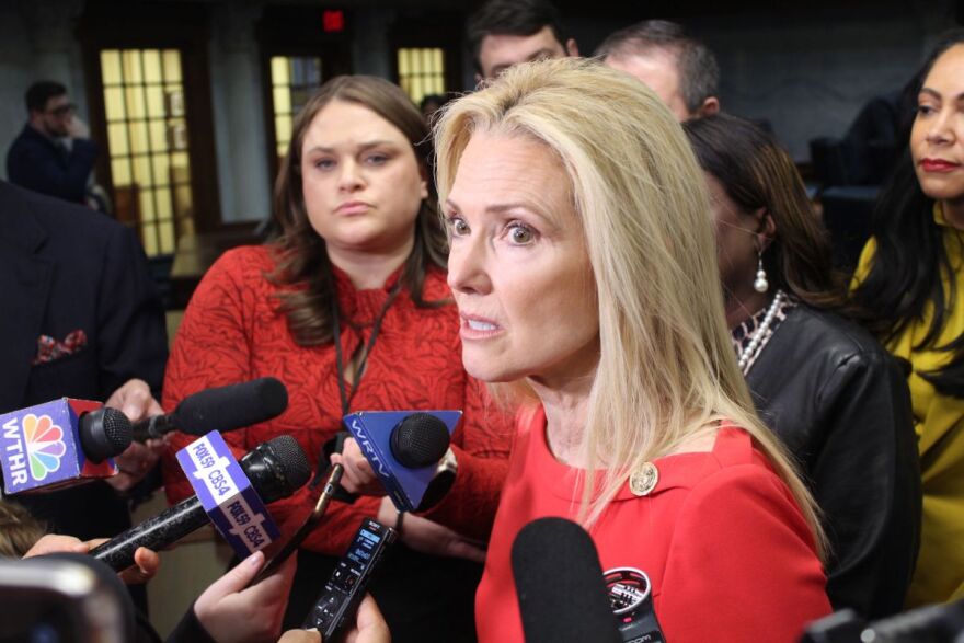 State Sen. Shelli Yoder (D-Bloomington) talked to the media following the closure of the legislative session Friday, Feb. 27, 2026 in the Statehouse. Yoder said Democrats have kept the focus on affordability.