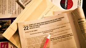 Election material is shown at a ballot Zoom party to go over measures up for a vote this election on Oct. 15, 2020 in Los Angeles, California. (Rodin Eckenroth/Getty Images)