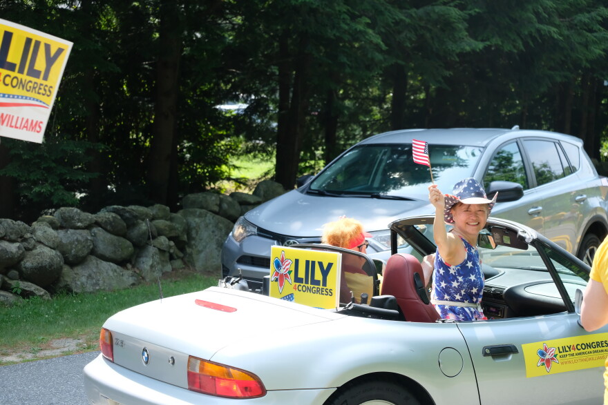 Lily Tang Williams participates in the 2024 Amherst July 4th Parade.