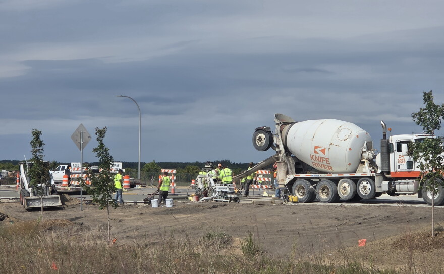 Crews contracted for the Minnesota Department of Transportation's Highway 197 project lay concrete near Bemidji's Menards on Sept. 3, 2026.