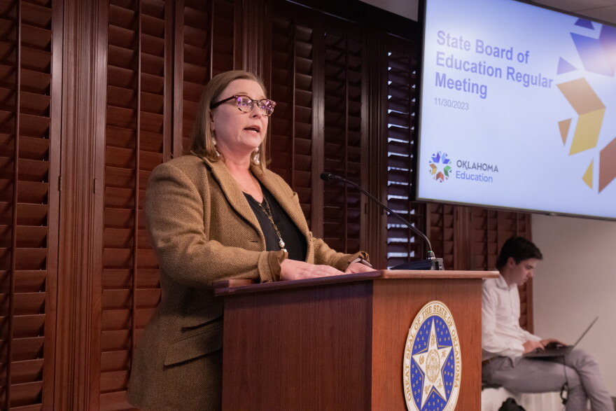 Insight School of Oklahoma Head of School Jennifer Wilkinson thanks the Board of Education at the Nov. 30 meeting for rolling back proposed administrative rules.