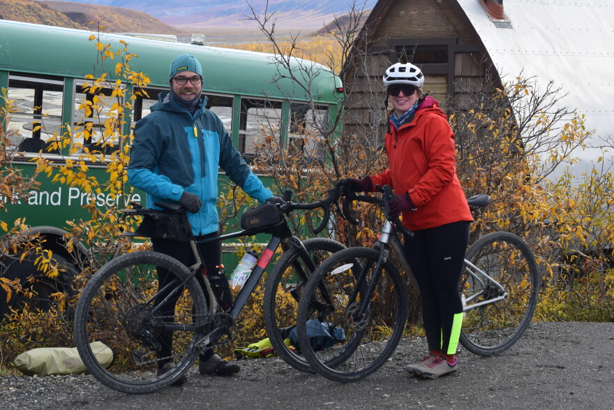 Josh Testa and Taylor Peace reach the end of their 80-mile roundtrip to Wonder Lake and back.