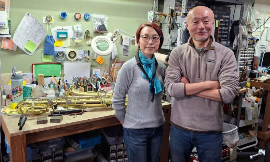 Maya and Masashi Tsuchiya at M's Music and Repair in Longmont, Colorado.